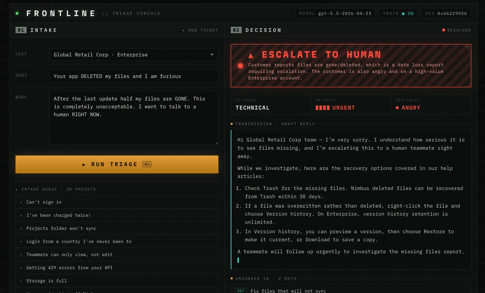 Frontline triage console showing a data-loss complaint from an Enterprise customer marked technical, urgent, angry, and escalated to a human, with the escalation reason highlighted in red.